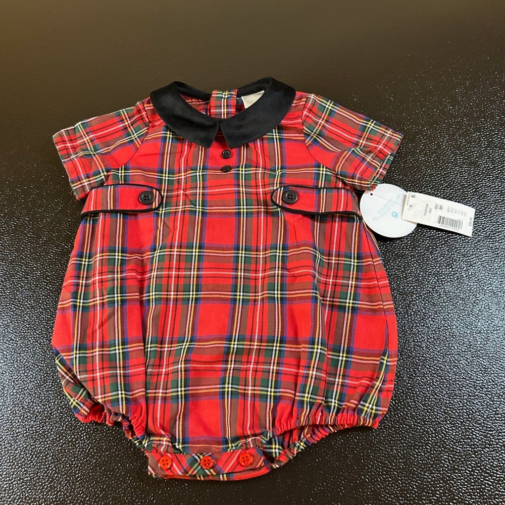 Edgehill Collection Plaid Romper Velvet Collar Holiday‎ Outfit Red Baby 9M NWT
